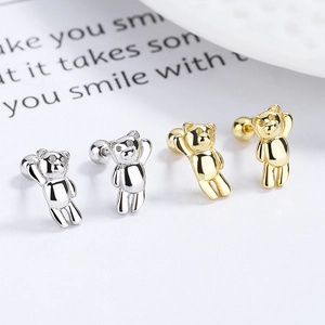 Polished 925 sterling silver bear stud earrings in gold and silver with screw backs