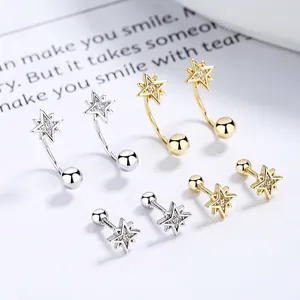 Minimalist 925 Sterling Silver Octagram Star Stud Earrings For Women Shiny Rhinestone Inlaid Screw Back Ear Jewelry