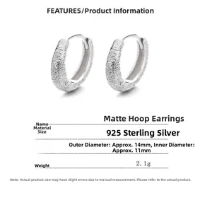 Detailed specs of 925 sterling silver matte hoop earrings with 14mm outer diameter