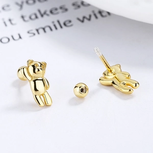 Cute 925 sterling silver bear stud earrings in gold with secure screw back closure