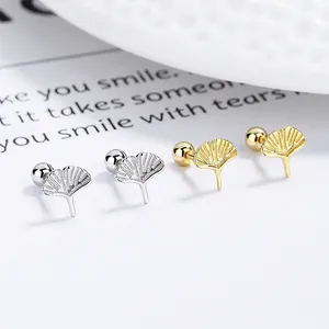 925 Sterling Silver Ginkgo Leaf Threaded Stud Earrings For Women Minimalist Plant Style Gold Silver Ear Bone Jewelry