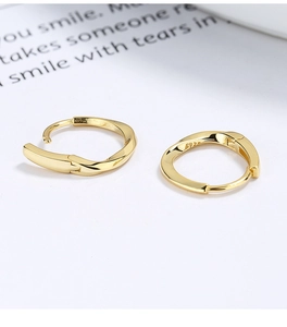 Detail shot of gold S925 sterling silver Mobius twist earrings on a white artistic card