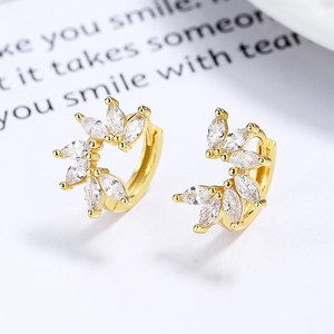 Boucles d'oreilles feuilles en argent 925 doré avec zircons marquise en forme de couronne
