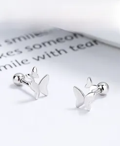 Detailed close-up of S925 sterling silver butterfly stud earrings with secure screw ball back
