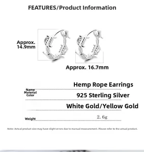Detailed specs of 925 sterling silver rope hoop earrings with size and weight info