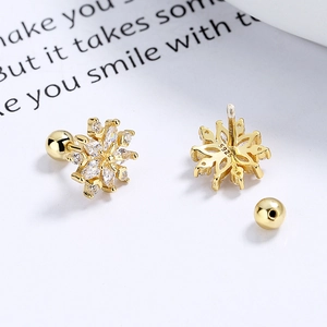 Elegant gold S925 sterling silver snowflake stud earrings with sparkling cubic zirconia stones