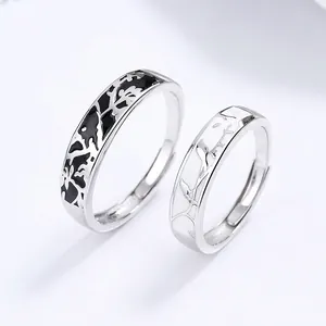 Anello Regolabile Aperto in Argento Sterling 925 Con Motivo Uccello e Ramo Per Coppie Gioielli Minimalisti in Smalto Bianco e Nero