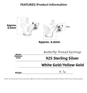 Detailed specs for 925 sterling silver butterfly screw back studs with size measurements