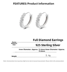 Spécifications détaillées de taille pour créoles en argent 925 avec zircons blancs