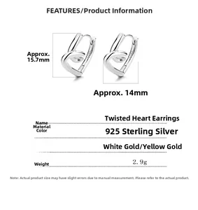 Vue macro des boucles d'oreilles cœur en argent 925 avec spécifications de taille
