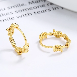 925 silver golden barbed wire hoop earrings with twisted metal texture and minimalist design