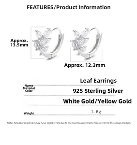 Detailed dimensions of 925 sterling silver leaf earrings with cubic zirconia stones