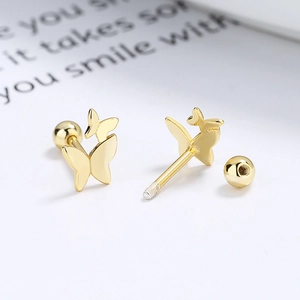 Minimalist 925 silver butterfly screw back stud earrings in a polished golden finish