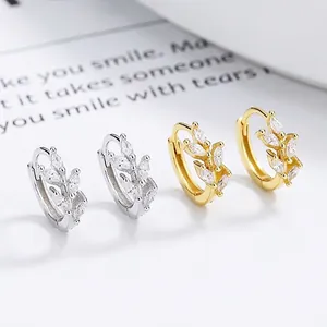925 Sterling Silver Leaf Hoop Earrings For Women Minimalist Small Fresh Rhinestone Ear Buckle Dainty Jewelry Gift