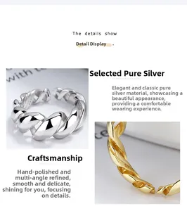 Detailed view of twisted 925 sterling silver rings with S925 hallmark and polished finish
