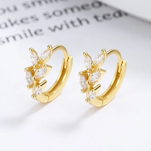 Elegant 925 sterling silver gold leaf drop earrings with white cubic zirconia marquise stones