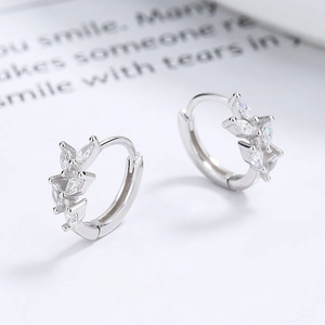 S925 sterling silver leaf earrings with marquise zirconia stones on minimalist card