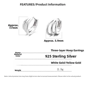 Detailed specs of 925 sterling silver triple hoop earrings with S925 hallmark