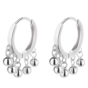 Polished S925 sterling silver hoop earrings with five dangling round bead tassels