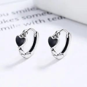 925 Sterling Silver Black Heart Hoop Earrings For Women Vintage Thai Silver Oxidized Twisted Texture Huggie Earrings Jewelry