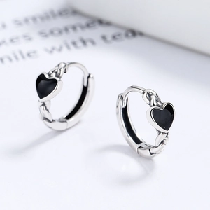 925 sterling silver hoop earrings featuring vintage twisted rope texture and black hearts