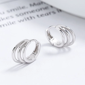 Minimalist 925 sterling silver triple hoop huggie earrings with high polish silver finish