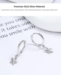 Detail of 925 sterling silver starfish earrings with thick electroplating for durability