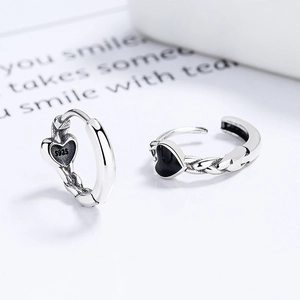 Retro S925 sterling silver heart hoop earrings with black enamel and woven texture