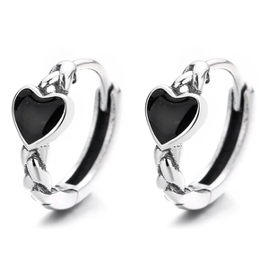 Vintage 925 sterling silver hoop earrings with twisted texture and black heart charms