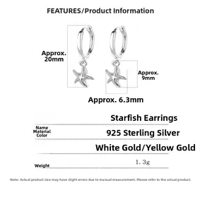 Detailed size chart for 925 sterling silver starfish earrings with 20mm total length