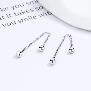 Minimalist 925 sterling silver threader earrings with polished round bead tassels