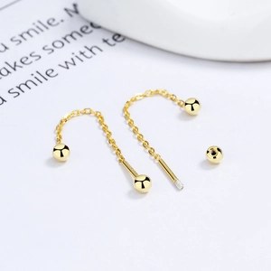 S925 sterling silver gold plated threader earrings with round beads and screw back