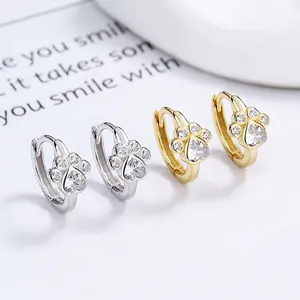 Boucles d'Oreilles Créoles Patte de Chat en Argent 925 Femme Strass Étincelant Forme de Cœur Bijoux de Mode