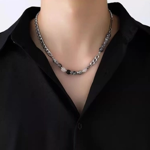 Men's titanium steel necklace featuring spliced ice crack stones and silver chain on model