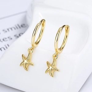 925 silver starfish hoop earrings in gold finish with textured marine charms