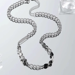Titanium steel necklace with marble beads and FOREVER engraved rectangular plate