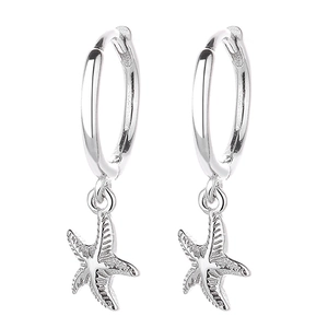 925 sterling silver starfish hoop earrings with textured finish on white background