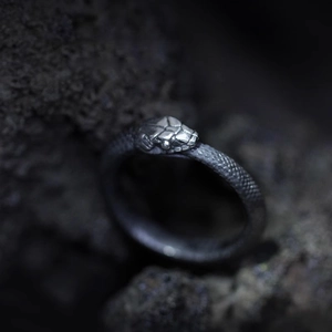 Macro shot of Ouroboros ring with detailed snake scale textures and vintage silver finish