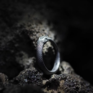 Vintage oxidized silver Ouroboros ring with dragon scale texture on lava rock