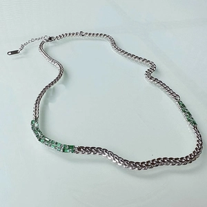 Silver cuban chain necklace with emerald green rectangular stones and lobster clasp