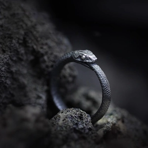 Macro detail of vintage silver ouroboros ring featuring intricate snake scales on rock