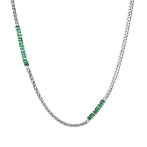 Silver-toned chain necklace with emerald green baguette-cut zircons and mixed link design