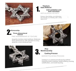 Vues détaillées du pendentif hexagramme en acier titane avec motifs en relief complexes