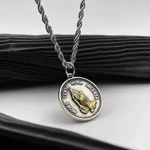 Retro Titanium Steel Praying Hands Coin Pendant Necklace Two Tone Gold Silver Latin Engraved Rope Chain Men Religious Jewelry