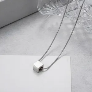 Minimalist Titanium Steel Cube Pendant Necklace For Men Women Silver Snake Chain Geometric Industrial Style Jewelry Gift