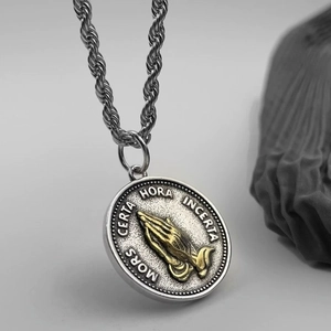 Vintage oxidized silver chain with a golden Praying Hands relief and Latin motto engraving