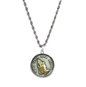 Prayer hands necklace with rope chain and engraved coin pendant for men in silver and gold