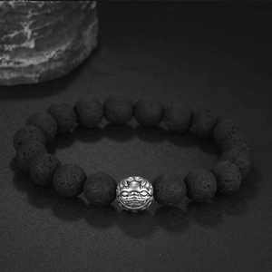 Men's Vintage Volcanic Lava Rock Stone Beaded Bracelet With Zinc Alloy Pixiu Bead Lucky Charm Cool Minimalist Strand Bracelet Jewelry