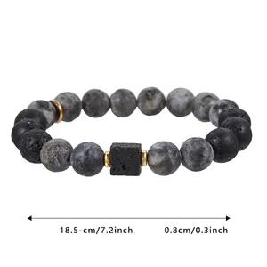 Handmade black lava and grey stone beaded bracelet with gold spacers for men and women