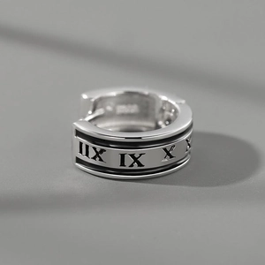 Men's silver hoop earring featuring black Roman numeral engravings on wide band